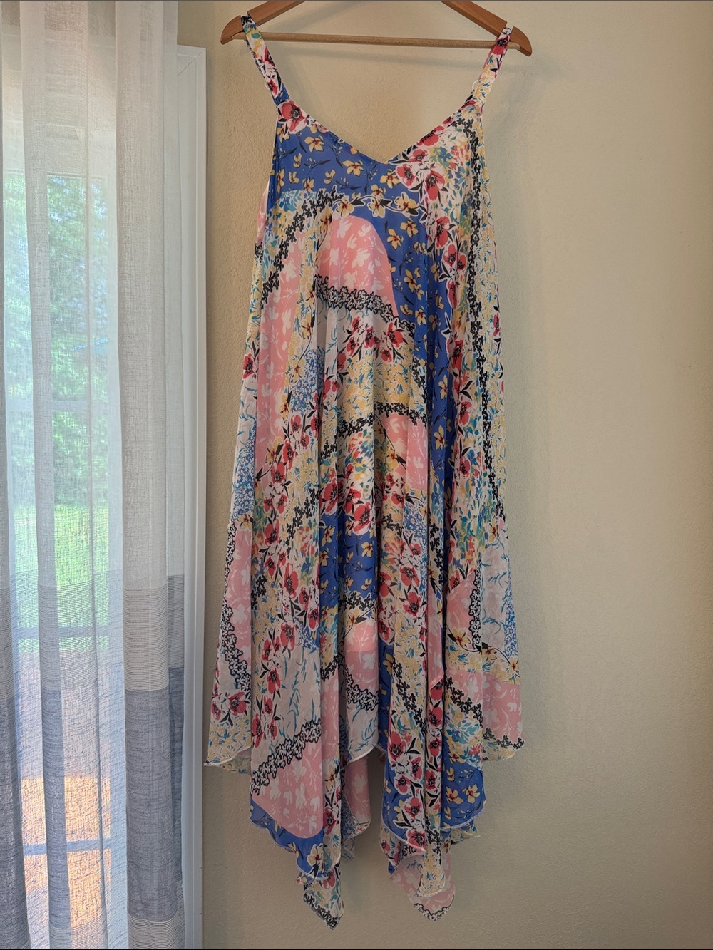 Nina Leonard Blue and Pink Floral Handkerchief Hem Skirt